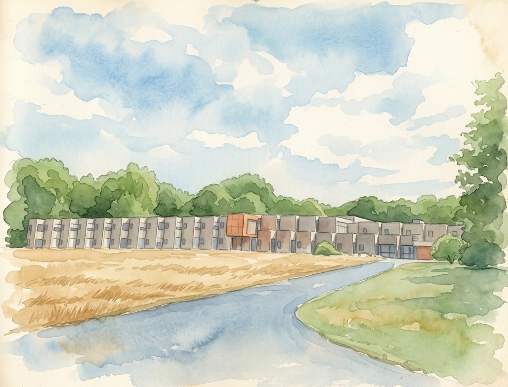 Watercolor illustration of Soleilmont Abbey and its surrounding landscape